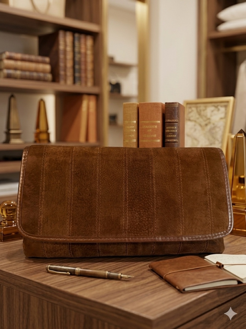 Vintage 70s Brown Suede Foldover Clutch – Genuine Leather Made in HK